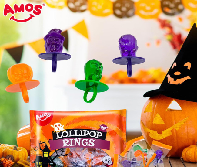 AMOS Lollipop Finger Rings,Individually Wrapped Halloween Candy Pops Ring Sucker- Great for Holiday Gift,12 Count