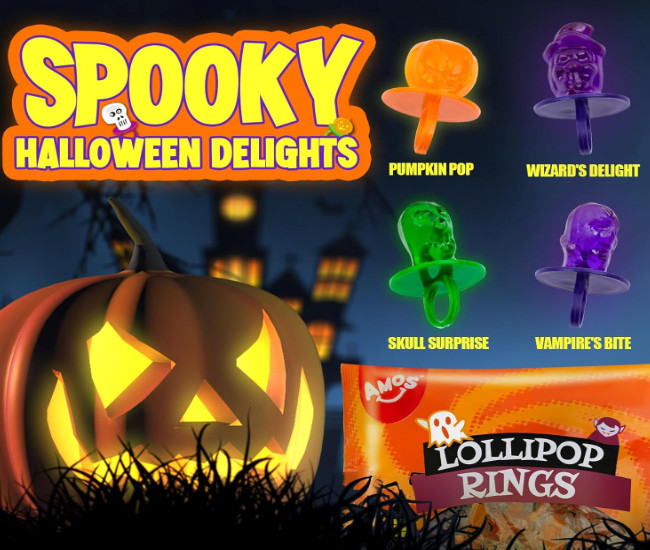 AMOS Lollipop Finger Rings,Individually Wrapped Halloween Candy Pops Ring Sucker- Great for Holiday Gift,12 Count