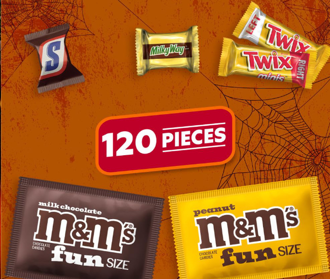 M&M'S Milk Chocolate, M&M'S Peanut, SNICKERS, TWIX & MILKY WAY Milk Chocolate Fun Size and Minis Individually Wrapped Trick or Treat Halloween Candy Variety Pack, 120 Ct Bulk Bag