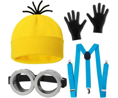 4 Pcs Halloween Costume Accessories Adults-Yellow Beanie hat/Goggles/Gloves/Suspenders for Halloween Dress Up