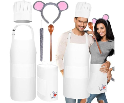 6 Pcs Halloween Mouse Chef Costume Accessories Include Adult Mouse Ears Headband Tail Chef Hat Adjustable Apron and Wood Spoon for Couple Halloween Cosplay Costume Party
