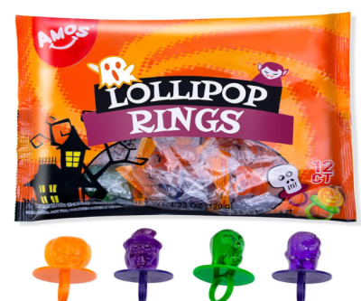AMOS Lollipop Finger Rings,Individually Wrapped Halloween Candy Pops Ring Sucker- Great for Holiday Gift,12 Count