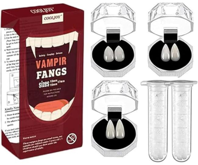 COOLJOY 3 Sizes Vampire Fangs Teeth with Adhesive Halloween Cosplay Props White Horror False Teeth Props Party Favors Masquerade Accessories Gift