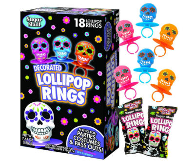Halloween Day of the Dead Sugar Skull Lollipop Rings,7.61 ounce, Box of 18
