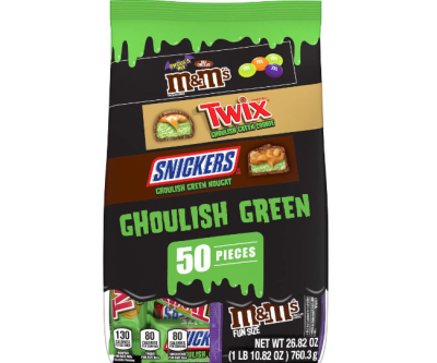 M&M'S Milk Chocolate Ghoul's Mix, SNICKERS & TWIX Ghoulish Green Fun Size Bulk Halloween Chocolate Candy Assortment, 26.82 oz, 50 Piece Bag
