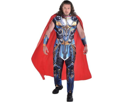 Party City Thor Costume for Men, Thor: Love and Thunder - Marvel Costume Includes Jumpsuit, Cape, Belt, & Gauntlets - Costumes for Halloween, Birthday Parties & Themed Events
